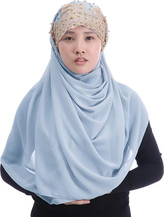 Lina & Lily Premium Chiffon Hijab Head Scarf Wrap with Gold Sequins Glitters Beads for Muslim Women (Baby Blue)