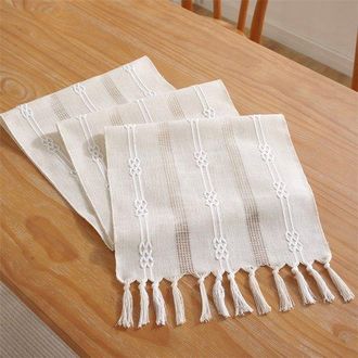 No Brand Camino De Mesa, Estilo Bohemio, Color Crema, Estilo R&uacute;stico, Con Borlas, Lavable, Ideal Para Decoraci&oacute;n De Bodas, Peque&ntilde;o Jacquard De Doble Cara Color