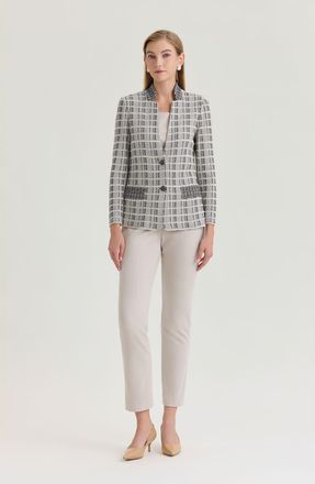 Ming Wang Tailored Contrast Stitch Tweed Knit Jacket in Limestone/black/white at Nordstrom, Size X-Large
