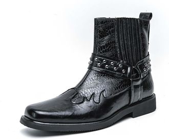 Generic Mens Square Toe Western Cowboy Boot PU Leather Short Boots with Buckle Pull on Ankle Boots with Rivet,Black,12.5 UK