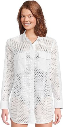 Tommy Bahama Eyelet Cove Boyfriend Shirt Womens Swimwear White : MD (US 10-12), Cotton