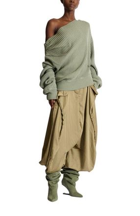 Balmain Draped asymmetrical jumper in ribbed silk knit in Green at Nordstrom, Size Medium