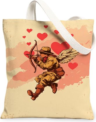 Generic ValentineS Day Vintage Canvas Tote Bags, Love God Hearts Pattern Reusable Shopping Bags, Lightweight Washable Shoulder Str, Beige, 13x15 Inch