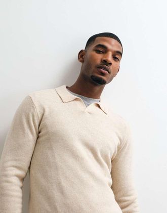 Blend maglione lavorato a maglia con colletto in misto lana beige-Neutro