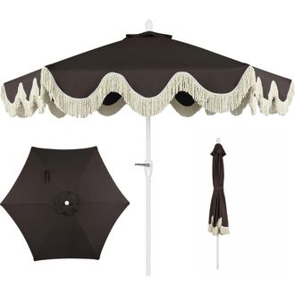 Jonathan Y Designs Collins Bohemian Fringe Outdoor Patio Umbrella with Crank Lift and Tilt, Scalloped UV-Resistant Canopy, Aluminum Pole in Black/cream