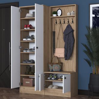 Dmora Mueble De Entrada Osilo, 9 Estantes, Perchero, 4 Puertas, 120x38x183h Cm Blanco