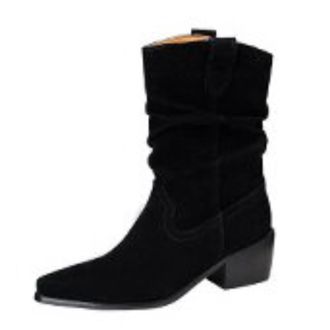 Generic Women Retro Pointed Closed Toe Suede Mid Calf Cowboy Boots Ruched Design Low Block Heels Pull Tab Slip On Comfortable Durable Fashion,Black,5.5 UK