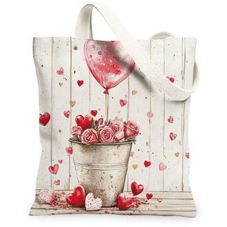 Generic Valentines Day Floral Canvas Tote Bags, Heart Pattern Reusable Grocery Bags, Lightweight Washable Shoulder Strap Canvas for Shopping, Outdoor Travel, 
