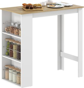 OEM Mesa De Bar Mesa De Bistr&oacute; Mesa De Comedor Mesa Alta Con 3 Estantes Laterales Y Estructura De Madera 112x57x106cm Blanco