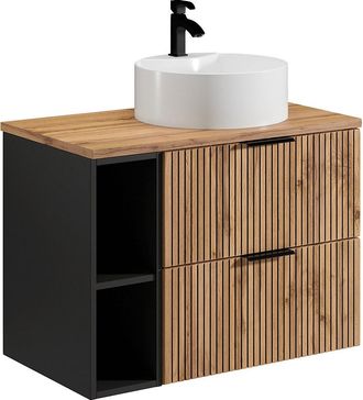 Vente-Unique Mueble de ba&ntilde;o suspendido con estantes y lavabo redondo - Natural claro - 80 cm - MADELA