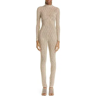 Stella McCartney Crystal Embellished Floral Lace Catsuit in Light Beige at Nordstrom Rack, Size 12 Us / 46 It