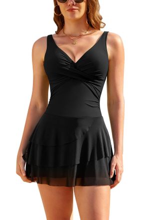 SHEKINI Womens Front Cross One Piece Swimdress Tummy Control Swim Dress Mesh Swim Skirt, Black, Medium