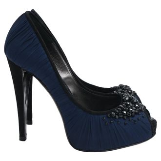 Giorgio Armani Embellished Peep-Toe Pumps in Navy Blue Satin