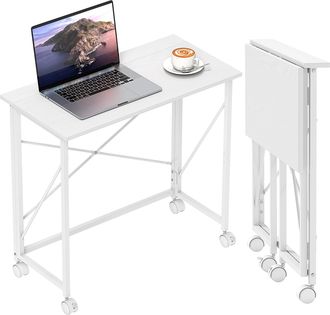 HOMCOM Folding Desk on Wheels - Writing Table for Home Office - White | TJ Hughes