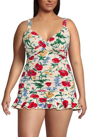 Lands End Wrap Underwire Tankini Top Swimsuit in Egret/poppy Floral at Nordstrom, Size 18W