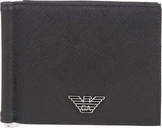Emporio Armani Geregenereerde Saffiano Leren Compacte Portemonnee met Adelaar Plaat - Heren - Portefeuilles - Zwart - ONE Size - Leer - Accessoires
