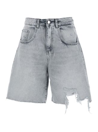 Icon Denim Los Angeles Lea Grey Bermuda Pants With Front Ripped Details And Logo Patch On The Rear In Denim Woman