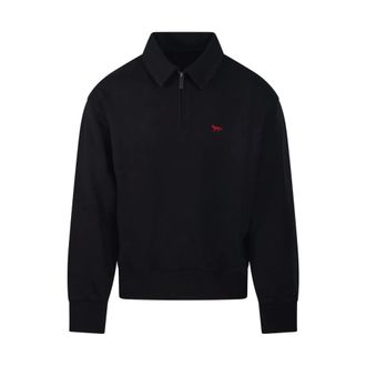 Maison Kitsun&eacute; Hoodies & sweatvesten, Heren, Zwart, L, Katoen, Profile Fox Zipped Polo Sweatshirt