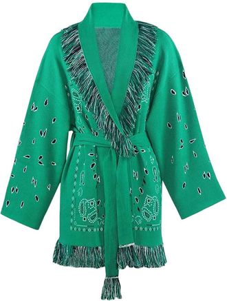 Generic Women Tassel Patchwork Printed Cardigan Geometric Patterns Belts V-Neck Long Sleeve Knitted Sweater Coat