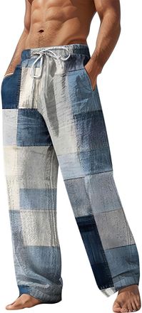 Generic Mens Linen Beach Pants, Colorblocked Drawstring Hawaii Yoga Trousers with Novelty Print, Elastic Waist Summer Straight Leg Pants, Loose Fit Light Beac