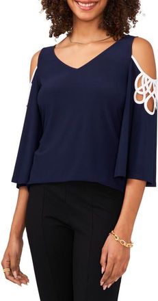 Chaus Cold Shoulder Three-Quarter Sleeve Blouse in Navy/white at Nordstrom, Size X-Large