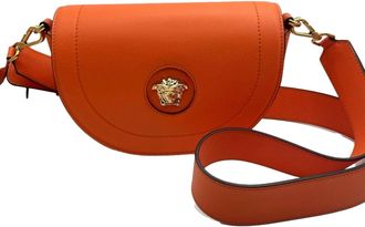 Versace Womens Half-Moon La Medusa Vitello Leather Crossbody Handbag In Pumpkin Orange