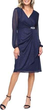 S.L. Fashions Glitter Mesh Long Sleeve Cocktail Dress in Navy at Nordstrom, Size 12