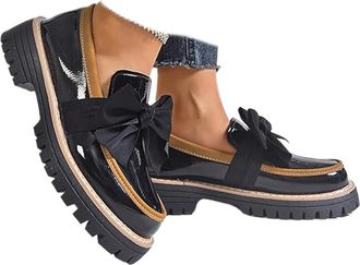 Generic Womens Patent Bowknot Thick Sole Loafers - Platform Round Toe Slip-On Shoes, Chunky Heel Non-Slip Loafers for Women for Office Business Work Everyday 