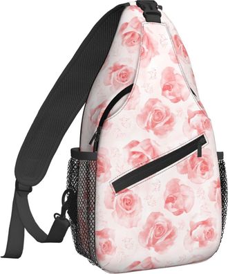 Generic Pink Roses Pattern Chest Bag Adjustable Sling Bag Breathable Chest Backpack For Traveling Workout Shopping