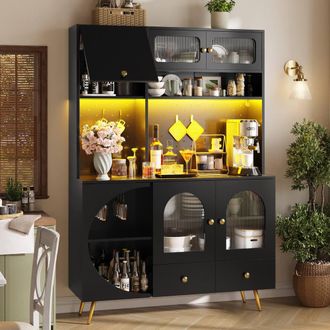 Merax Kitchen Dresser with Perforated Wall, LED Lighting & Power Outlets in Black