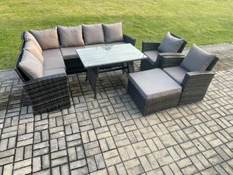Fimous High Back Outdoor Garden Furniture Set Rattan Corner Sofa Dining Table Set With Big Footstool Armchair in Dark Grey
