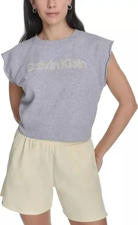 Calvin Klein Performance Cropped Sleeveless Outline Logo Sweatshirt In Heather Grey / Buttercream
