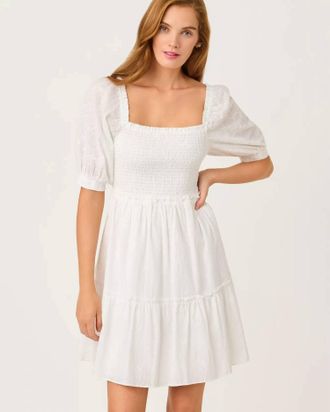 Lilly Pulitzer Hadly Short Sleeve Smocked Dress In Resort White Sunshowers Embroidery