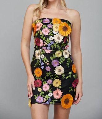 Fate All Over Flower Appliqu&eacute; Strapless Dress In Black Multi