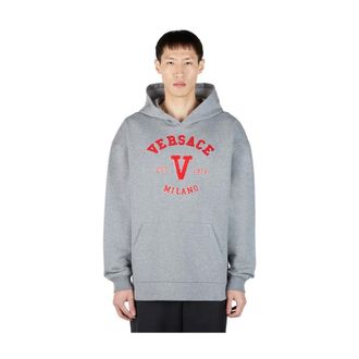 Versace Hoodies, male, Gray, Size: L Varsity Logo Patch Hooded Sweatshirt