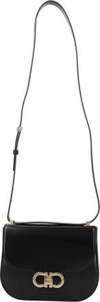Ferragamo Black Gold-Tone Clasp Calf Leather Shoulder Bag