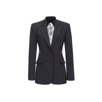 Pinko Blazers, female, Black, Size: M Black Stretch Crepe Blazer with Lace Insert