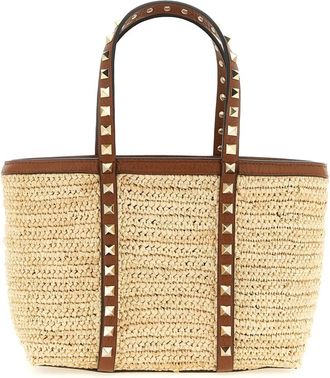 Valentino Garavani Mini Rockstud Shopping Bag van Raffia - Dames - Shoppers - Beige - ONE Size - Leer - Tassen
