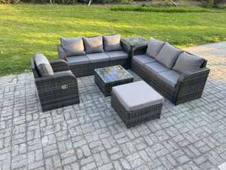Fimous Outdoor Rattan Garden Furniture Set Conservatory Patio Sofa Coffee Table With Reclining Chair Big Footstool Side Table in Dark Grey