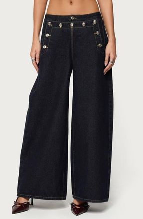 Edikted Frida Button Yoke Low Rise Wide Leg Jeans in Dark-Blue at Nordstrom, Size X-Small