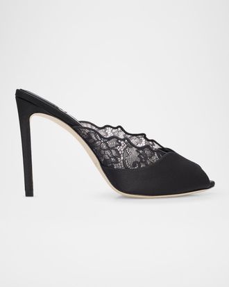 Jimmy Choo London Brigitte 100mm Lace & Satin Peep-Toe Mules