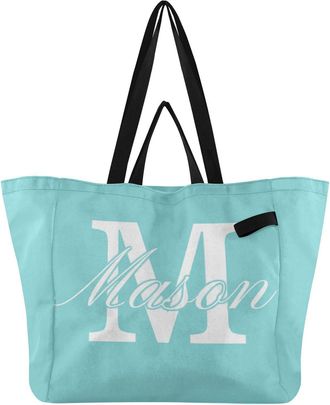Generic Custom Teal print Reusable Canvas Tote Bag, Heavy Duty Grocery Shopping Bag with Hard Bottom Large Capacity Double Handles Work Groceries Travel