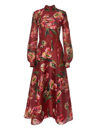 Carolina Herrera tulip-print high-neck dress - women - Silk - 6 - Red