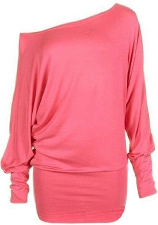 Crazy Girls Womens Long Sleeve One Off-Shoulder Plain Baggy Batwing Top UK8-24, Coral, 2XL (UK 20-22)