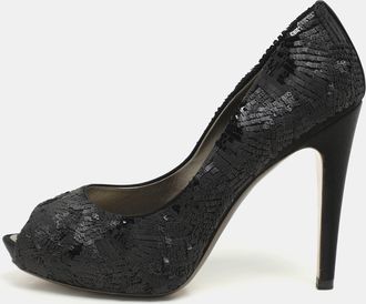 Ferragamo Black Satin And Sequins Embellished Peep Toe Pumps