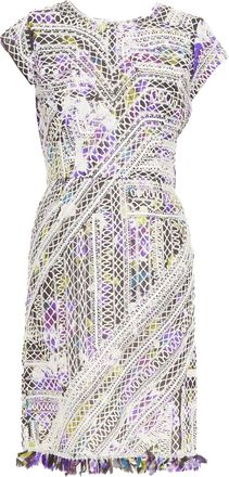 Oscar De La Renta Runway purple white silk embroidery anglais fringe dress US6 M
