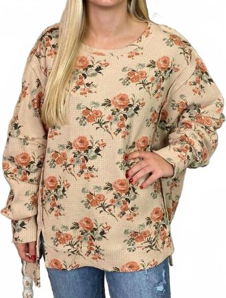 Bibi Floral Cut Edge Oversized Waffle Thermal Top In Beige