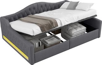 STILVORA Cama Div&aacute;n 140 X 200 Cm De Mdf Con Arc&oacute;n, Led Ajustable Y Cabecero Tapizado, Sin Colch&oacute;n, Gris