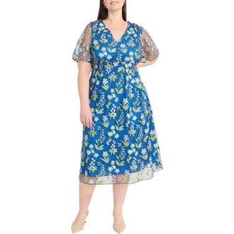Maggy London Floral Embroidered Short Sleeve Midi Dress in Blue/Green at Nordstrom Rack, Size 14W