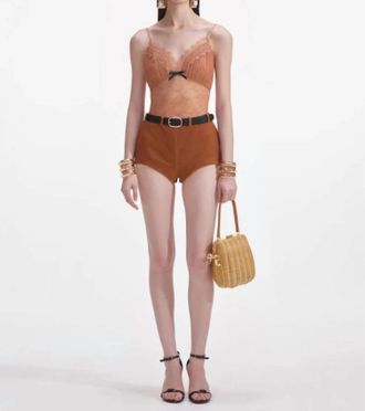 Self Portrait Womens Dot Mesh Bodysuit In Tan